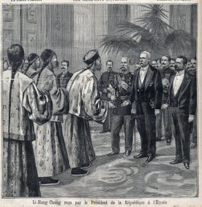 Li Hongzhang wird vom Präsidenten der Republik Felix Faure (1841-1899) im Elysee-Palast empfangen. Gravur in „Le Petite Parisien“ von Anonymous Anonymous