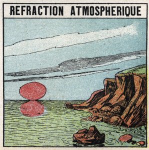 Lichtbrechung: Atmosphärische Brechung gibt die Illusion, dass die Sonne beim Auf- oder Untergang größer ist als im Zenit. Anonyme Illustration von 1925. Private Sammlung. von Anonymous Anonymous