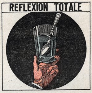 Lichtbrechung: totale Reflexion, beobachtet mit einem Silberlöffel in einem Glas Wasser. Betrachtet man es von unterhalb der Wasseroberfläche, sieht man das Bild des Löffels wie in einem Spiegel. Anonyme Illustration von 1925. Private Sammlung. von Anonymous Anonymous