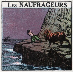 Lichtsignale: Die Schiffbrüche. Ein Mann hängt eine Laterne zwischen die Hörner einer Kuh und geht entlang der Küste, um die Boote glauben zu lassen, dass sie noch weit von den Felsen entfernt sind, und so ihr Sinken zu provozieren, um das Wrack zu bergen. von Anonymous Anonymous