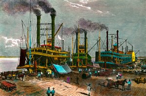 Verladung von Baumwolle auf Dampfschiffe am Mississippi für New Orleans. Gravur des 19. Jahrhunderts. Private Sammlung von Anonymous Anonymous