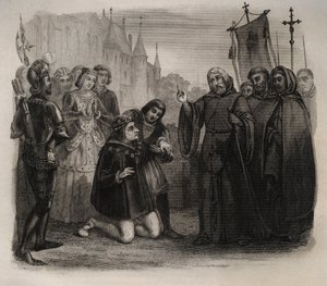 Ludwig XI. (1423-1483) bittet Franz von Paola (1416-1507) um Heilung. Gravur von 1846 in „Lives of the saints“. Private Sammlung. von Anonymous Anonymous