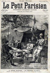Marchand-Missionslager: Jean-Baptiste Marchand (1863-1934), Kapitän Baratier zu seiner Linken und Leutnant Victor Emmanuel Largeau (1867-1916) und Kapitän Germain zu seiner Rechten. In „Le Petit Parisien“ am 26.12.1897 von Anonymous Anonymous