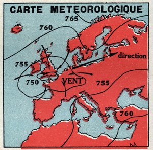 Meteorologie: meteorologische Karte. Anonyme Illustration von 1925. Private Sammlung.