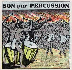 Musikinstrumente: Schlagzeugspieler in einem afrikanischen Dorf. Anonyme Illustration von 1925. Private Sammlung.