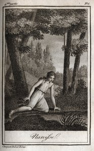 Narziss betrachtet sein Spiegelbild (Narciso) Gravur von 1819 in „Lettres à Emilie sur la mythologie“ von Charles Albert Demoustier (1760-1801). Private Sammlung.