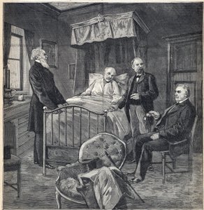 Panama-Skandal (Panama-Fall): Das Zimmer von Cornelius Herz (1845-1898), französisch-amerikanischer Arzt und Geschäftsmann in Bournemouth: Besuch von Dr. Jean Martin Charcot (1825-1893), klinischer Arzt und Neurologe, und Paul Brouardel (1837-1906) - Gravu