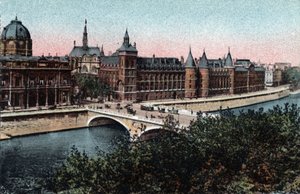 Paris: Außenansicht der Concierge auf der Île de la Cité und der Pont au Change. Fotografie von 1920 in „Artistic Album“ der Stadt Paris. Private Sammlung von Anonymous Anonymous