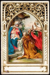 Andachtsbild: „Anbetung der Könige“. Gezackte Karte. Chromolithographie Anfang des 20. Jahrhunderts. Private Sammlung
