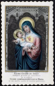 Andachtsbild: Jesus als Kind in den Armen seiner Mutter Maria, mit dem Heiligen Herzen (Stich)