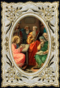 Andachtsbild: Jesuskind mit Ärzten. Chromolithographie Anfang des 20. Jahrhunderts