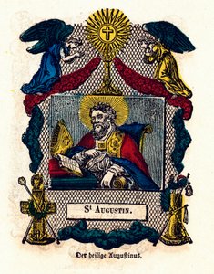 Andachtsbild: Heiliger Augustinus (Augustinus von Hippo (354 - 430), Bischof und Kirchenlehrer, Autor der Regel des heiligen Augustinus und der Bekenntnisse). Gravur des 19. Jahrhunderts