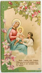 Andachtsbild: Jungfrau mit Kind, ein frommes Mädchen nimmt Jesus in ihre Arme (Chromolithographie)
