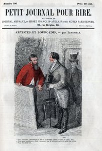 Politische und soziale Karikatur während des Zweiten Kaiserreichs. „Künstler und Bourgeois“: Gespräch zwischen einem Kunstliebhaber und einem bürgerlichen Mäzen. Gravur in „Petit Journal pour Rire“ von Anonymous Anonymous