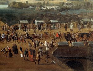 Tragstühle und Menschenmenge auf der Pont Neuf in Paris im 17. Jahrhundert (Detail)