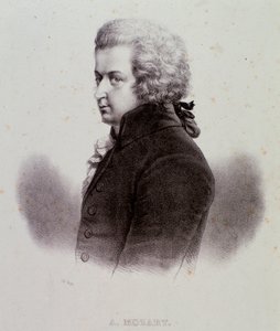 Porträt des österreichischen Komponisten Wolfgang Amadeus Mozart (1756-1791) Gravur. 19. Jahrhundert. Mailänder Privatsammlung