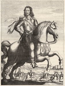 Porträt von Bernhard von Sachsen-Weimar (1604-1639) mit der Darstellung der Gefangennahme von Johann von Werth durch Herzog Bernhard und Herzog von Rohan. Gravur aus dem 17. Jahrhundert. Privatbesitz