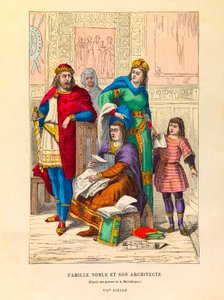 Porträt einer Adelsfamilie mit ihrem Architekten im 7. Jahrhundert (Gravur)