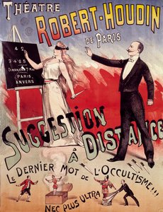 Plakat, das die Show „Suggestion à distance“ im Théâtre Robert-Houdin in Paris präsentiert, gegründet von Jean-Eugène Robert-Houdin (1805-1871)