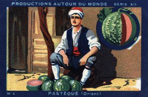 Produktionen rund um die Welt: Wassermelone im Orient. Chromolithographie von 1933 im „Joseph-Milliat Album“.
