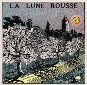 Strahlung und Leitfähigkeit: Der rote Mond, dessen Licht die Blütenknospen verbrennt. Anonyme Illustration von 1925. Private Sammlung.