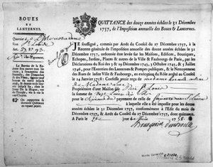 Quittung vom Finanzamt über die Zahlung von Steuern für Schlamm und Laternen, datiert Dezember 1757