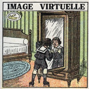 Lichtreflexion: virtuelles Bild. Ein Kind betrachtet sein Spiegelbild in einem Spiegel. Anonyme Illustration von 1925. Private Sammlung.