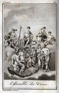 Darstellung der Versammlung der Götter auf dem Olymp oder der Zwölf Olympier. Gravur von 1819 in „Lettres à Emilie sur la mythologie“ von Charles Albert Demoustier (1760-1801). Private Sammlung. von Anonymous Anonymous