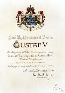 Königliches Patent, das 1929 vom König von Schweden an das Haus Louis Roederer verliehen wurde