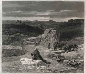 Der heilige Antonius der Große (250/251-356) (oder der heilige Antonius der Einsiedler) begräbt den heiligen Paulus von Theben in der Wüste. Gravur von 1846 in „Lives of the saints“. Private Sammlung
