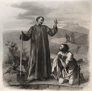 Der heilige Benedikt von Nursia empfängt Totila (6. Jahrhundert), König der Ostgoten. Gravur von 1846 in „Lives of the saints“. Private Sammlung von Anonymous Anonymous