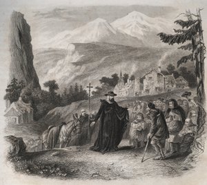 Der heilige Franz von Sales (1567-1622), Bischof von Genf, auf einer Pastoralreise. Gravur von 1846 in „Lives of the saints“. Private Sammlung von Anonymous Anonymous