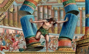 Samson bringt den Tempel von Dagon zum Einsturz - Chromolithographie - Private Sammlung