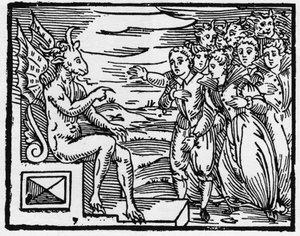 Satan fordert einen Pakt von den neuen Zauberern - „Compendium Maleficarum“, behandelt Hexen, ihre Bosheit und ihre Zauberei von Francesco Maria Guazzo oder Guaccio oder Guaccius (15?? -16??) 1608 Private Sammlung von Anonymous Anonymous
