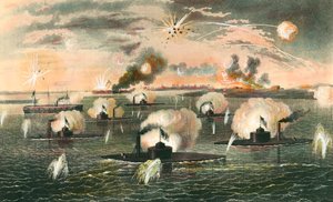 Sezessionskrieg (1861-1865): „Angriff der schwimmenden Batterien während des Sezessionskriegs“, Gravur um 1865, Privatsammlung von Anonymous Anonymous