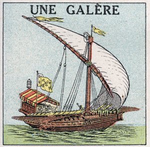 Schiffe und Schiffe: eine Galeere. Anonyme Illustration von 1925. Private Sammlung.