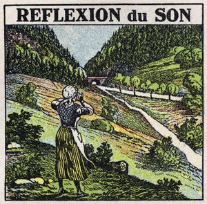 Schallenergie: Reflexion von Schall durch Echo-Phänomen. Anonyme Illustration von 1925. Private Sammlung. von Anonymous Anonymous