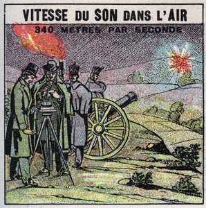Schallenergie: Schallgeschwindigkeit in der Luft. Experiment von 1822 von Louis-Joseph Gay-Lussac (1778-1850) und François Arago (1786-1853), die eine Reihe von Kanonenschüssen zwischen Montlhéry und Villejuif abfeuerten. Anonyme Illustration von 1925. Pri von Anonymous Anonymous