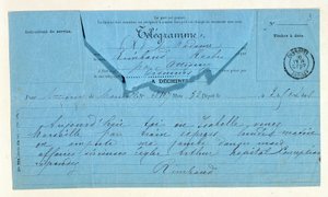 Telegramm von Rimbaud an seine Mutter, Marseille, 22. Mai