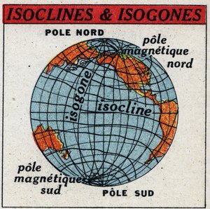 Terrestrischer Magnetismus: Magnetische Karte mit Isoklinen und Isogonen. Anonyme Illustration von 1925. Private Sammlung.