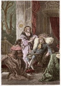 Der Herzog Francois de La Rochefoucauld (1613-1680), die Marquise Madame de Sevigne (1626-1696) und die Gräfin de La Fayette (1634-1693), französische Schriftsteller - Gravur von Hildebrand nach P. Philippoteaux