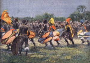 Die Expedition des ehemaligen US-Präsidenten Theodore Roosevelt (1858 - 1919) nach Afrika: Kriegerischer Tanz in Uganda. Gravur. Eine der Zeitungen „Le petit parisien“ vom 24.04.1910. Private Sammlung. von Anonymous Anonymous
