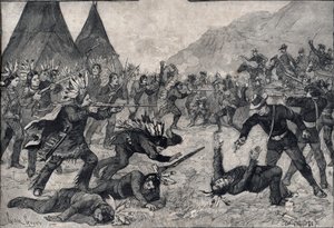 Der Indianeraufstand in den Vereinigten Staaten: ein Kampf zwischen Sioux-Indianern und amerikanischen Truppen. Gravur in „Le petit Parisien“ von 1891. Private Sammlung. von Anonymous Anonymous