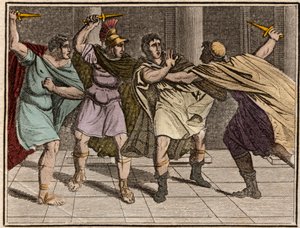 Die Ermordung des römischen Kaisers Julius Caesar (Jules Cesar - Giulio Cesare oder Caius Julius Caesar) am 15. März 44 v. Chr. - Gravur aus „Die Jugend von Rollin oder Ausgewählte Stücke aus alten und römischen Geschichten“ 1816 - Private Sammlung.
