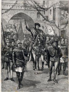 Der Zug der Zünfte im 14. Jahrhundert: Der Prévôt der Kaufleute von Paris. Gravur. In „The Little Parisien“, am 18.06.1899. Private Sammlung. von Anonymous Anonymous