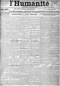 Der Putsch in Russland auf den Titelseiten der sozialistischen Zeitung Humanity. Schlagzeilen: Die Maximalisten in Petrograd, Kerensky wurde abgesetzt, 9.11.1917