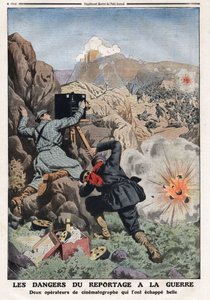 Die Gefahren der Berichterstattung im Krieg: „zwei Korrespondentenreporter in Kriegsgebieten riskieren ihr Leben“ Illustration aus „Le Petity Journal“ 03/11/1912 Private Sammlung. von Anonymous Anonymous