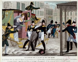 Der Tod von Charles Ferdinand de Bourbon, Herzog von Berry (1778-1820) am 13.02.1820 beim Verlassen der Königlichen Musikakademie. Der Neffe von König Louis XVIII. wurde an der Oper von Louvel, einem Republikaner, der die königliche Dynastie beenden wollte von Anonymous Anonymous