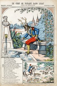 Der Hirsch sieht sich im Wasser. Anonyme Illustration für Les Fables von Jean de La Fontaine (1621-1695). Bilddruck von Pont-à-Mousson, ca. 1880. Private Sammlung. von Anonymous Anonymous