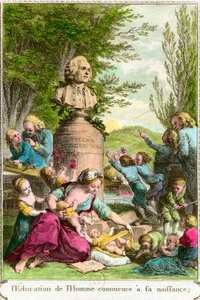 Die Erziehung des Menschen beginnt bei seiner Geburt: Mütter mit ihren Kindern, neben einer Büste zu Ehren des Schweizer Philosophen Jean Jacques Rousseau (1712-1778). Gravur des 18. Jahrhunderts Privatsammlung von Anonymous Anonymous